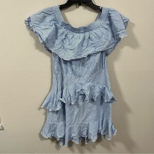 Topshop blue white striped ruffle layered off the shoulder mini dress SIZE 8